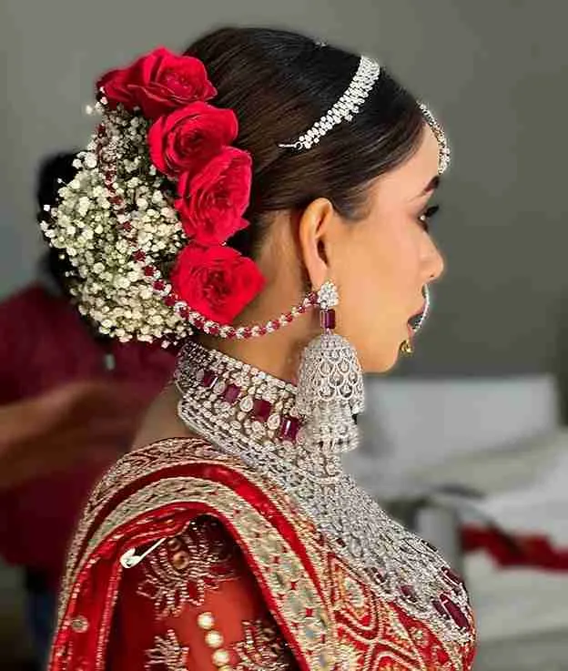 Rose Studded Bun Bridal Hairstyle for Wedding